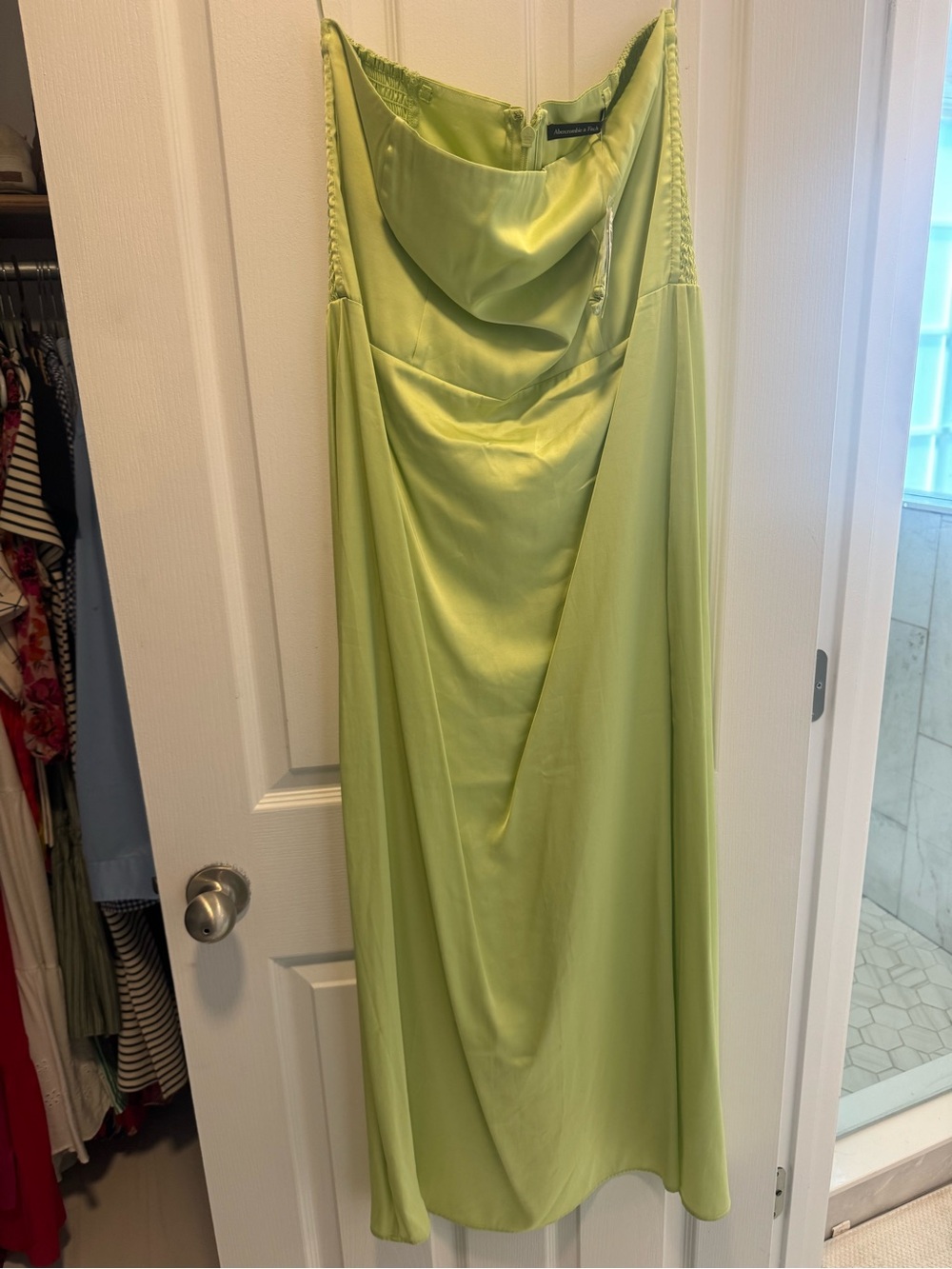 Satin Strapless Slip Dress in Light Lime